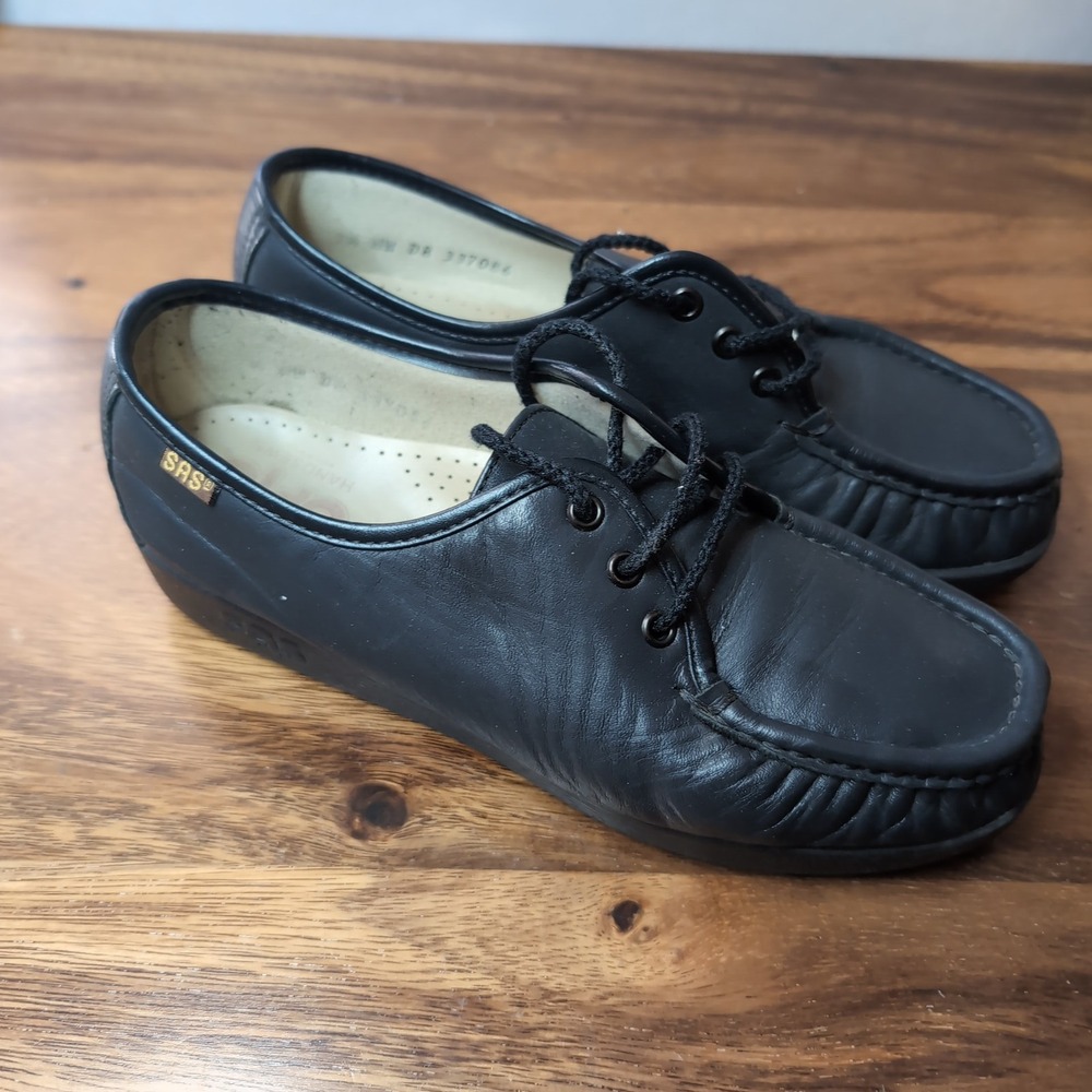 SAS Siesta Black Leather Lace Up Walking Shoes Womens 7.5 WW Wide Made in USA